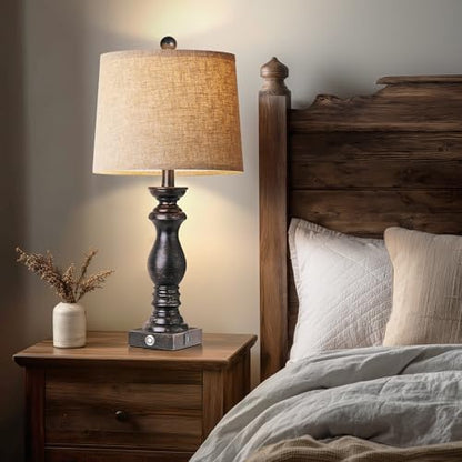 24.5" Table Lamp Set of 2, Rustic Farmhouse Bedside Lamps with USB A+C Charging Ports, 3-Way Dimmable Touch Control Nightstand Lamps for Living Room Bedroom, Antique Black, LED Bulbs Included - color: Antique Black