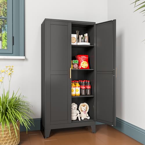 winiowa Metal Pantry Cabinet with 2 Doors and Adjustable Shelves, Kitchen Storage cabinets with Gold Handles, Versatile Storage for Laundry Room,Living Room,Bathroom,Dinning Room-Black - color: 2d-black, size: 11.81"D x 23.62"W x 47.25"H