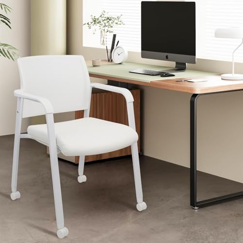 CLATINA Mesh Back Stacking Guest Chairs, Stackable Waiting Room Arm Chair with Wheels & Leather Upholstered for Office Reception Hospital Lobby School Conference Medical Meeting Church, White - size: 1 Pack
