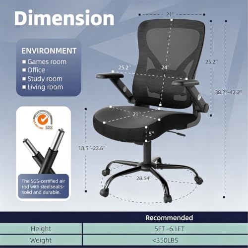 ralex-chair Ergonomic Office Desk Chair with Adjustable Lumbar Support | 3D Flip-up Armrest, 350lbs Capacity, Breathable Mesh Back,PU Leather Seat, for Office,Home,Computer, Black - color: Black