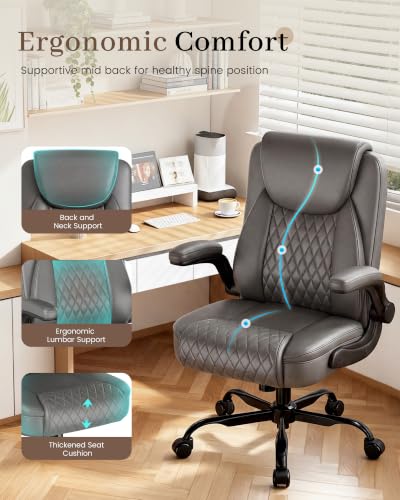 COMHOMA Mid-Back Office Chair, Ergonomic PU Desk Chair with Flip up Arms, Small Computer Gaming with Comfy Lumbar Support,Rocking Function,Sturdy Metal Base, Grey - color: Grey