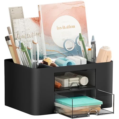 Marbrasse Pen Organizer with 2 Drawer, Multi-Functional Pencil Holder for Desk, Desk Organizers and Accessories with 5 Compartments + Drawer for Office Art Supplies (Black) - color: Black