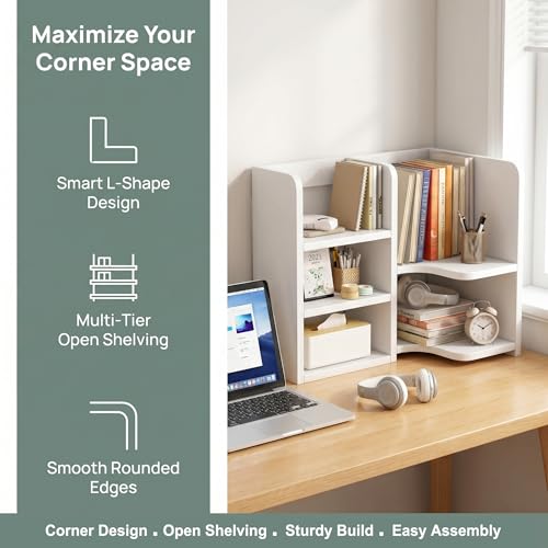 Desk Shelf,Small Bookshelf,Wooden Desk Hutch Desk Organizers,White Desktop Bookshelf and Accessories Storage Display Rack in Home Office Dorm,Freestanding Desk Shelf