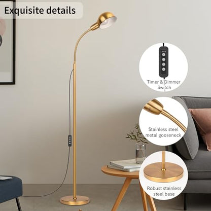 Ruiever Gold Floor Lamp with Flexible Gooseneck and Rotatable Shade，Standing Lamp Include Dimmer LED Bulb，Ideal Tall Lamp with Dimmer and Timer Switch for Reading,Bedside and Living Room (Gold) - color: Gold