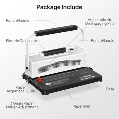 Spiral Coil Binding Machine with Electric Coil Inserter, Home School | Office Notebook Homework, 20 Sheets Punch, A4/A5/Letter Size, Adjustable Paper Margin, 46 Hole Adjustable Disengageable Pins - color: White