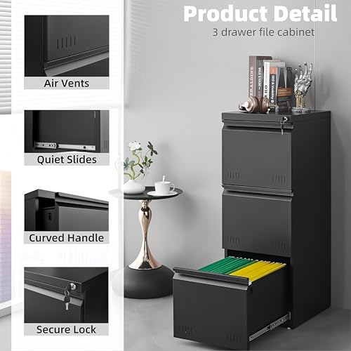 Approgreent Vertical 3 Drawer File Cabient with Lock, Metal Filing Cabinets for Home Office, Heavty Duty Office Storage Cabinet for A4/Letter/Legal (Matte Black) - color: 14-h Black