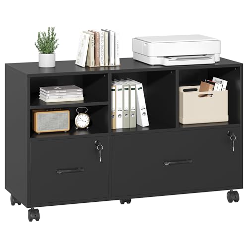 2 Drawer Wood Lateral File Cabinet with Lock, Lockable Rolling Filing Cabinet with Adjustable Storage Shelves, Printer Stand Office Storage Cabinet for Home Office Fits Files Legal/A4, Black - color: Black-2 Drawers