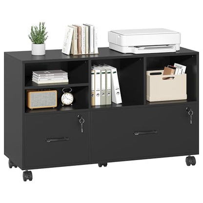 2 Drawer Wood Lateral File Cabinet with Lock, Lockable Rolling Filing Cabinet with Adjustable Storage Shelves, Printer Stand Office Storage Cabinet for Home Office Fits Files Legal/A4, Black - color: Black-2 Drawers
