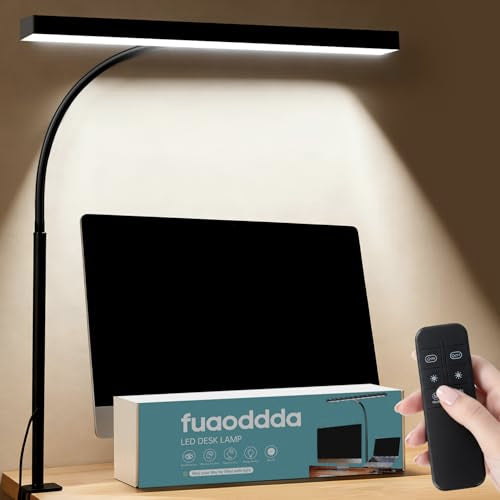 LED Desk Lamp with clamp, Remote Control Desk Lamp, 5 Color Modes & 10 Brightness Levels, 17'' Wide Light Bar, Eye Caring Gooseneck Desk Light, Adapter Included - color: Black