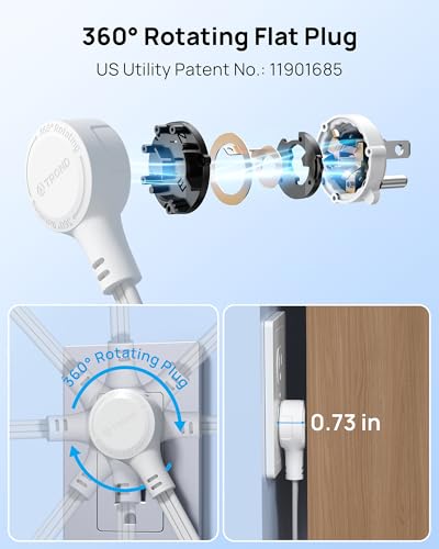 TROND 360° Rotating Flat Plug Power Strip 10ft, 4 Widely AC Outlets, White - color: White, size: 10FT
