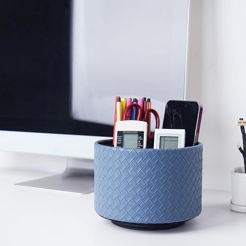 Round Leather Art Supply Organizer,Remote Control Holder,360 Degree Spinning,Multi-Functional Pencil Holder,4 Compartments Desktop Stationary Organizer(1-Weave Blue) - color: 1-Weave Blue