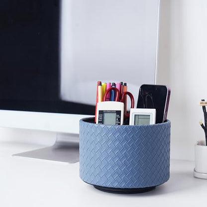 Round Leather Art Supply Organizer,Remote Control Holder,360 Degree Spinning,Multi-Functional Pencil Holder,4 Compartments Desktop Stationary Organizer(1-Weave Blue) - color: 1-Weave Blue