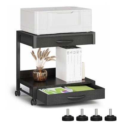 VENNQD 2-Tier Desktop Printer Stand with 2 Fabric Drawers, Prtiner Table with Storage Shelf, Desk Organizer for Home Office,3D Printer,Fax Machine,Scanner (Black, 2 Tier) - color: Black