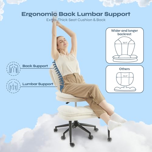 ADHD Cross Legged Office Chair, Swivel Kneeling Meditation Seat | 360° swivel cross-legged chair with reversible seat for ADHD & meditation; adjustable height/depth, plush teddy - color: Off White