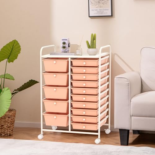 COSTWAY 15 Drawer Rolling Storage Cart, Mobile Utility Cart with Lockable Wheels, Drawers, Multipurpose Organizer Cart for Home, Office, School, Peach - color: Peach