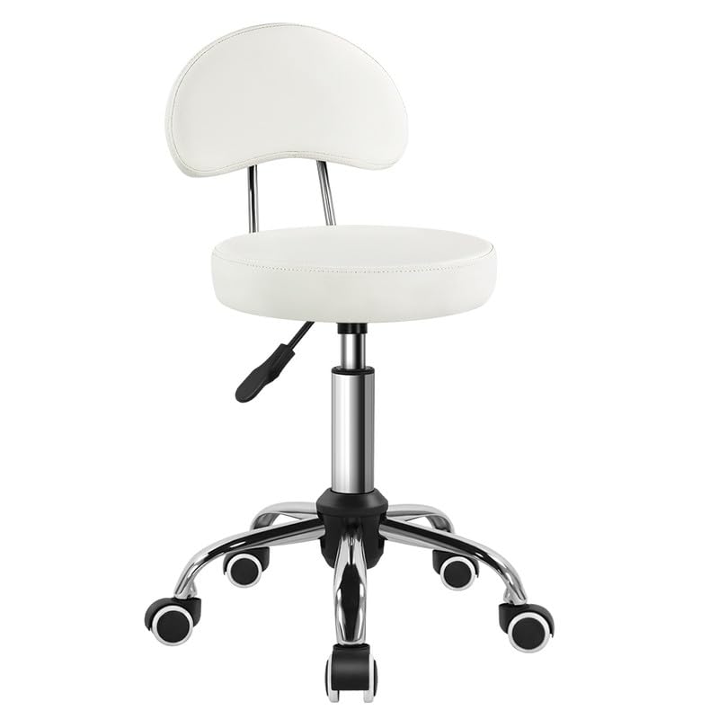 KKTONER Rolling Stool with Mid Back Height Adjustable Chair PU Leather Swivel Chair with Wheels for Office Home Task Drafting (White) - color: White