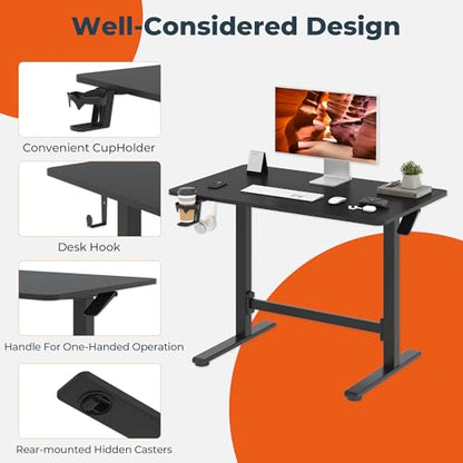 48''Pneumatic Standing Desk,Onepiece Adjustable Height Home Office | Black 47.2" x 23.6'' Large Home Desk Rolling Computer Workstation with Hooks & Cup Holder,Hidden Casters - color: Black, size: 4724