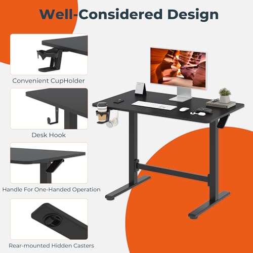 40''Pneumatic Standing Desk,Onepiece Adjustable Height Home Office | Black 39.4" x 23.6" Home Desk Rolling Computer Workstation with Hooks & Cup Holder,Hidden Casters - color: Black, size: 4024