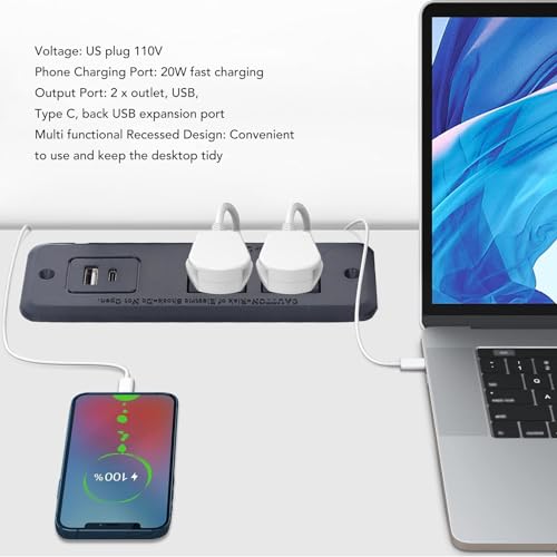 Intelligent Power Outlet with USB Type C, Fast Charging 20W, 2 Sockets, Fire Flush Mount Outlet for Office Desk, Home