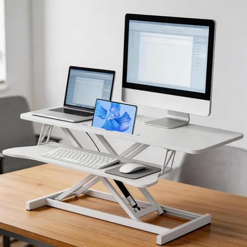 37 Inch Standing Desk Converter, Height Adjustable Desktop Standing Desk, Stand Up Riser Compatibles with 2 Computer, Stand Up Converter Laptop Workstation to 18.8" Tall, Black - color: White