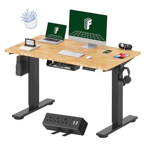 FLEXISPOT EN2 48"x24" Bamboo Electric Standing Desk with Power Strip Bundle | Solid Bamboo Desktop, Cable Management, Convenient Clamp Power Strip Bundle, And Clean Home Office Setup, Black Frame - color: Black Frame + Bamboo Top, size: 48x24