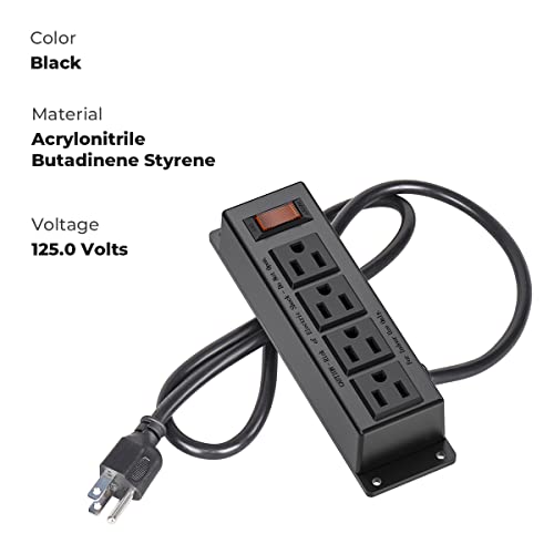 Wall Mount Power Outlet Strip, 4 Outlet Mountable Power Strip with Switch, 3ft Cord Under Desk Power Strip for Office/Industrial/Home, Flat Plug, Black | with Switch, Under Desk Power Strip for Office/Industrial/Home, Flat Plug, Black