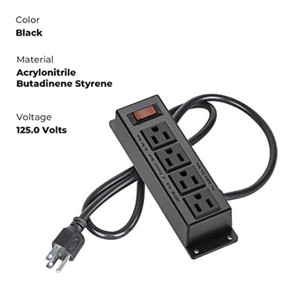 Wall Mount Power Outlet Strip, 4 Outlet Mountable Power Strip with Switch, 3ft Cord Under Desk Power Strip for Office/Industrial/Home, Flat Plug, Black | with Switch, Under Desk Power Strip for Office/Industrial/Home, Flat Plug, Black