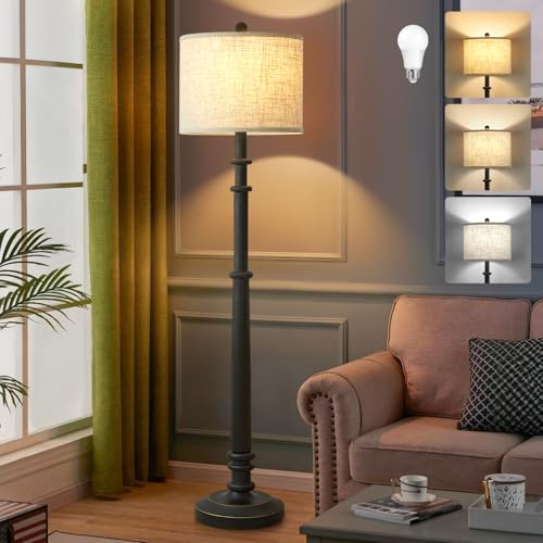 EJIAXIN Floor Lamps for Living Room - 60" Farmhouse Floor Lamp with Adjustable Color Temperatures - Vintage Standing Lamp Reading Light with Linen Shade Retro Tall Lamp for Bedroom Office, Black - color: Black