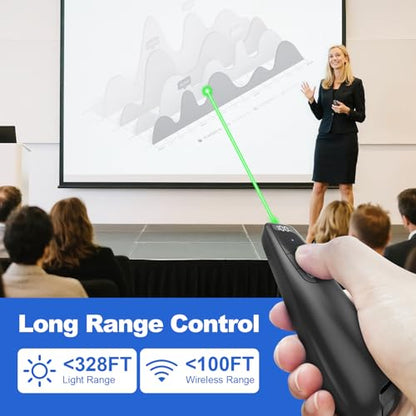 Presentation Clicker & Case, Green Laser Power Display Presenter Remote | 2‑in‑1 USB/Type C Receiver, Rechargeable Red Laser Pointer Wireless Computer PowerPoint PPT Clickers for Mac/Windows - style: Green Light & Power Display
