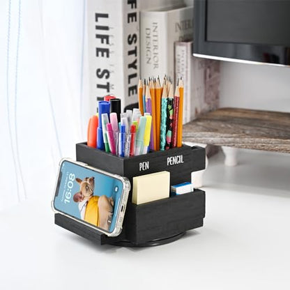 Ikee Design 360-degree Rotating Pen Holder | Rotating wood desktop organizer with 4 compartments stores pens, pencils, markers, phones and office supplies.