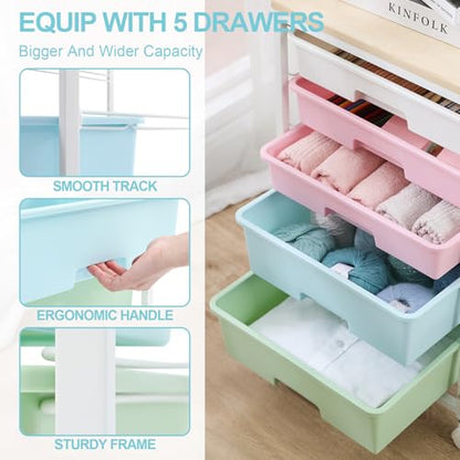 SYKIARIOL Utility Cart with 5 Drawers with Wooden Top, Rainbow - color: Rainbow