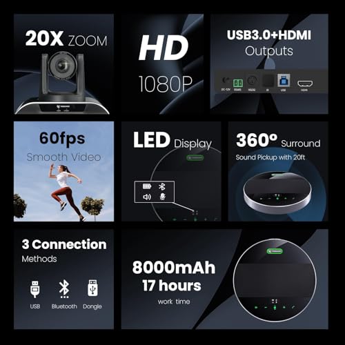 20x Zoom Conference Room Camera System TONGVEO All-in-1 Video and Audio Conferencing System 20X Optical Zoom USB3.0 HDMI PTZ Camera and Conference speaker with microphone Bundle for large Meeting Room - color: Ink