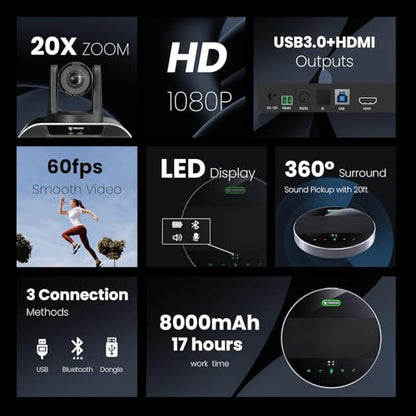 20x Zoom Conference Room Camera System TONGVEO All-in-1 Video and Audio Conferencing System 20X Optical Zoom USB3.0 HDMI PTZ Camera and Conference speaker with microphone Bundle for large Meeting Room - color: Ink