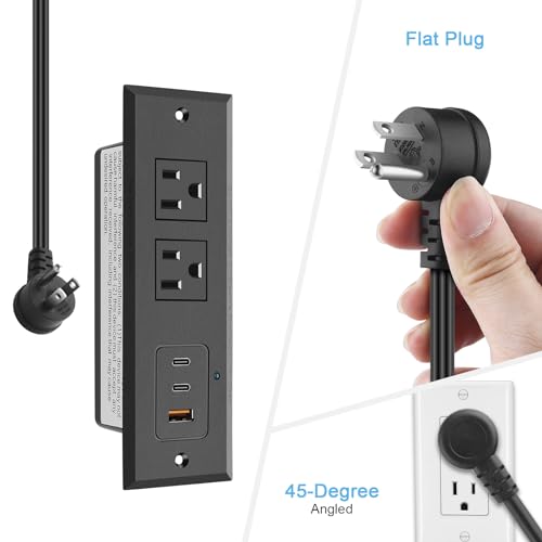 CCCEI Recessed Power Strip with 45W USB-C Ports, Fast Charging USB A Port Desk Outlet, Black Furniture Hidden Charging Station for Side Table, End Table, with 6 FT 45 Degree Flat Plug Extension Cord. - size: 6FT, style: 45W USB-C