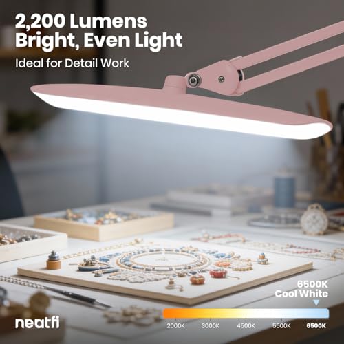 Neatfi LED Desk Lamp, 2200 Lumens, 24W, 20-Inch Head (Rose Gold) - color: Rose Gold, size: Non-CCT with Clamp