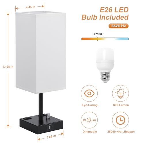 White Bedside Table Lamps Set of 2 - Dimmable, USB C+A, 2 AC Outlets | Stepless Dimmable by Rotary Knob, 3000K LED Bulbs Included, Square White Linen Shade, Nightstand Lamp for Living Room, Desk - color: White