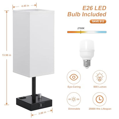 White Bedside Table Lamps Set of 2 - Dimmable, USB C+A, 2 AC Outlets | Stepless Dimmable by Rotary Knob, 3000K LED Bulbs Included, Square White Linen Shade, Nightstand Lamp for Living Room, Desk - color: White