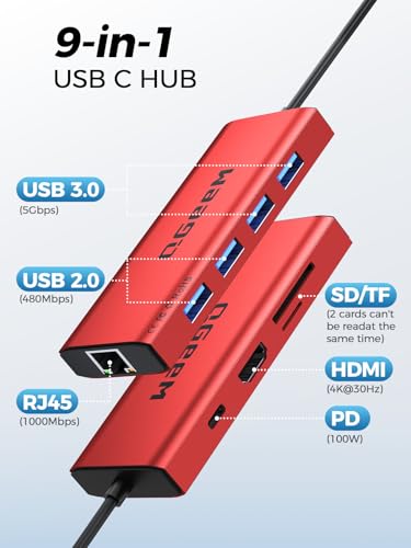QGeeM USB C Hub Ethernet,9 in 1 USB Type C Hub HDMI Multi-Port Converter Adapter,100W Pd, USB 3.0,SD/TF Card Reader,Compatible for MacBook Pro Air Ipad HP Dell Lenovo Chromebook etc.-Red - color: Red