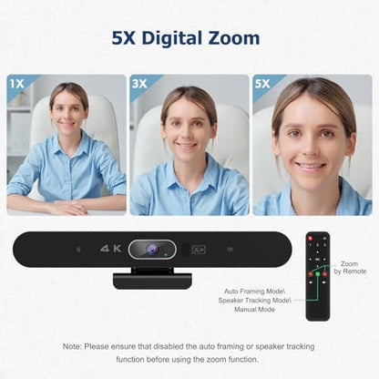 Conference Room Camera, All-in-One 4K Webcam with Microphone and Speaker, AI Tracking and Auto Framing, Wide Angle of View, Plug and Play USB Webcam for PC, Mac, Meetings, Teams, Zoom & Webex - color: Black