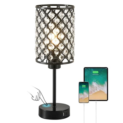 Crystal Table Lamp, Black Touch Lamp with USB C+A Port, 3-Way Dimmable - color: Black, size: 14.75"