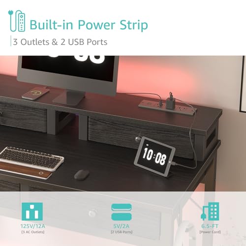 Lufeiya Small Desk with Drawers for Home Office Bedroom, 31 inch Black Writing Study Desks with Fabric Drawers Storage, Gaming Desk Table with Power Outlet & Monitor Stand, Black - color: Black