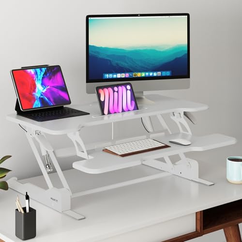 Mount-It! Standing Desk Converter White 38” Wide Height Adjustable Stand Up Desk Riser, Desk Topper with Gas Spring, Desktop Standing Desk with Keyboard Tray Fits Two Monitors - color: White, size: 38 Inches