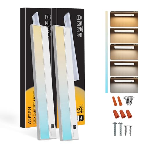 Ansen 2Packs of Under Cabinet Lighting Hardwired, 18in 15W 998LM Dimmable Led Light for Kitchen/Closet, CRI 92+, R9 90+, 5 Color Temperature, 2700K-5000K(Warm White, Cool White, Daylight) - size: 18 inch