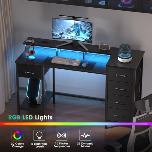 Korfile 55 Inch Gaming Computer Desk with Power Outlets,LED,5 Drawers,Black - color: Black, size: 55 Inch