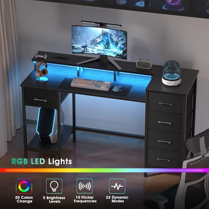 Korfile 55 Inch Gaming Computer Desk with Power Outlets,LED,5 Drawers,Black - color: Black, size: 55 Inch