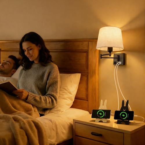 Swing Arm Wall Sconce with Linen Fabric Shade, USB-A & USB-C Charging Ports, Built-in AC Outlet & Rotary Dimmer, Plug-in Adjustable Reading Wall Lamp for Bedside Bedroom Hotel