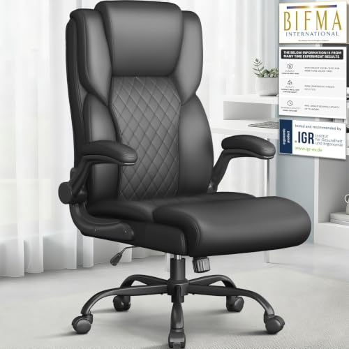 Office Chair,Big and Tall Office Chair,Home Desk Computer Chair, Executive Leather Computer Chair with Lumbar Support& Flip-Up Arms, Rocking Function Swivel Chair for Home Office,Black - color: Black, style: 1 Pack