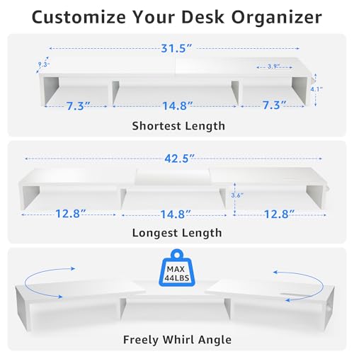La Jaco Dual Monitor Stand Riser for 2 Monitors, Monitor Stand for Desk, Adjustable Length & Swivel Angle Wooden Desktop Organizer Stand Riser with Smartphone Holder for PC Monitor Laptop, White