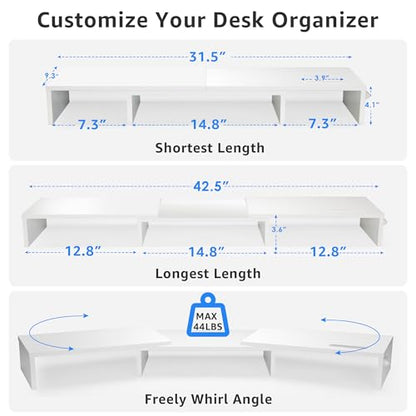 La Jaco Dual Monitor Stand Riser for 2 Monitors, Monitor Stand for Desk, Adjustable Length & Swivel Angle Wooden Desktop Organizer Stand Riser with Smartphone Holder for PC Monitor Laptop, White