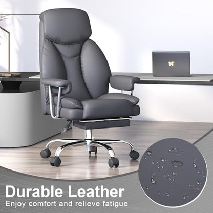 Big and Tall Office Chair, Executive Home Office Desk Chair, Comfy Leather High-Back Reclining Computer Chair with Retractable Footrest and Padded Arms, 360°Swivel Rolling Wheels, Wide Seat, Gray - color: Grey